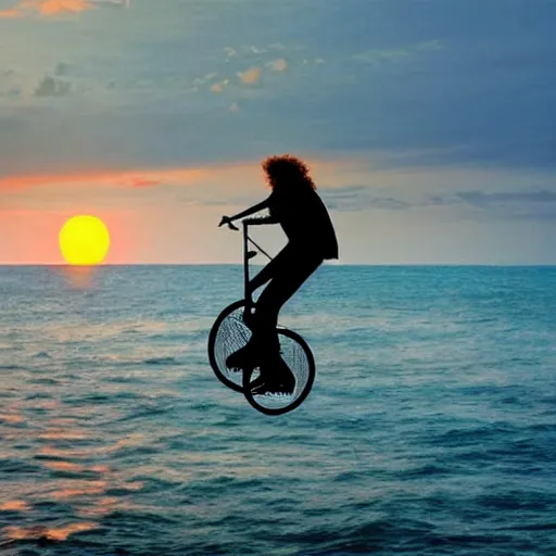 Prompt: bob dylan riding a unicycle over the ocean into the sunset, gorgeous photograph, very detailed, emotional