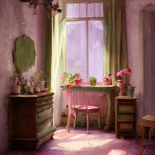 Prompt: beautiful digital matte painting of a whimsical botanical shabby chic dressing room by greg rutkowski and edward hopper, artstation, behance hd - h 7 6 8