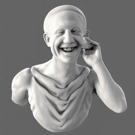 Prompt: a 3 d smiling model of a white marble human head in a renaissance style holding a coctail, digital illustration, 3 d render, above the waist