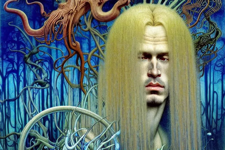 Image similar to realistic detailed portrait painting of a beautiful ghost man with blond hair with an alien, futuristic sci-fi forest on background by Jean Delville, Amano, Yves Tanguy, Alphonse Mucha, Ernst Haeckel, Edward Robert Hughes, Roger Dean, rich moody colours, blue eyes