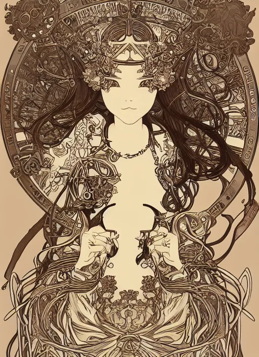 Image similar to photographer looking through camera, design on white background, gnarly details, gold, drawn by studio ghibli, alphonso mucha, lolish, trending on artstation