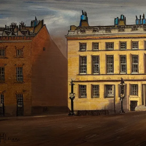 Prompt: A painting of ten downing street in the year 2070, 4k Ultra HD