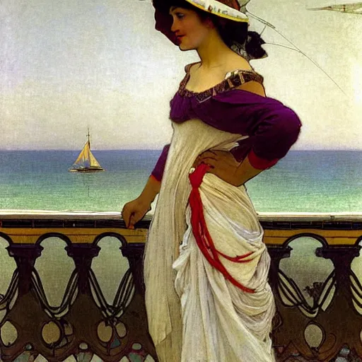 Image similar to A girl with jester hat and clothes on a greek archi circle on the front of a Balustrade with a beach and a sail boat on the background, major arcana clothes, by alphonse mucha and arnold böcklin arnold böcklin arnold böcklin, paul delaroche, hyperrealistic 8k, very detailed