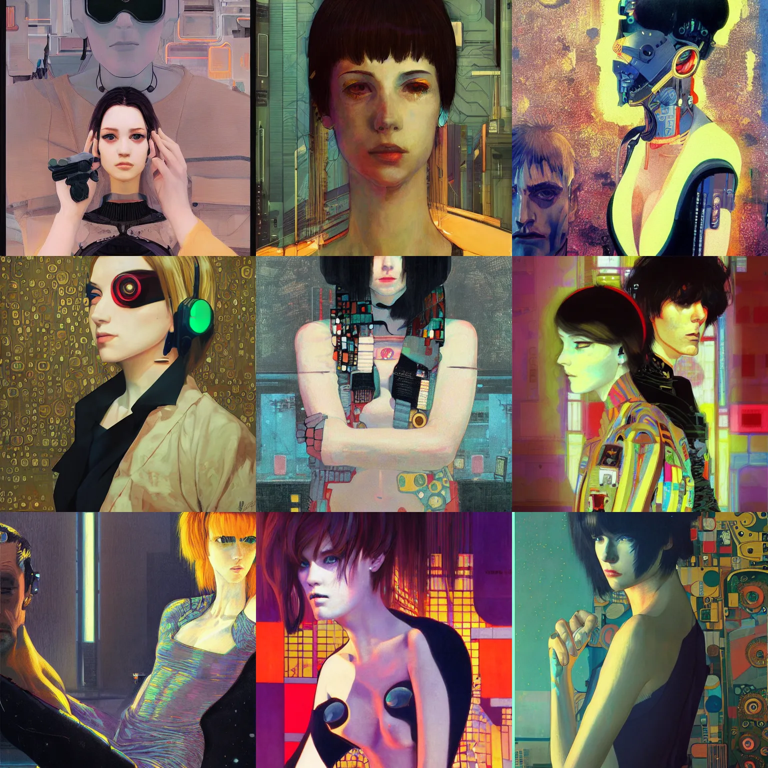 Prompt: A cyberpunk portrait painted by Ilya Kuvshinov and Gustav Klimt and Edward Hopper