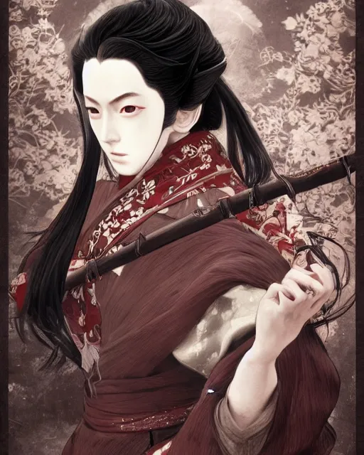 Image similar to lady snowblood movie character, baroque style, elegant, beautiful, mesmerizing, concept art, highly detailed, artstation, behance, deviantart, inspired by innocent manga, inspired by castlevania concept art, trending, ayami kojima, shinichi sakamoto