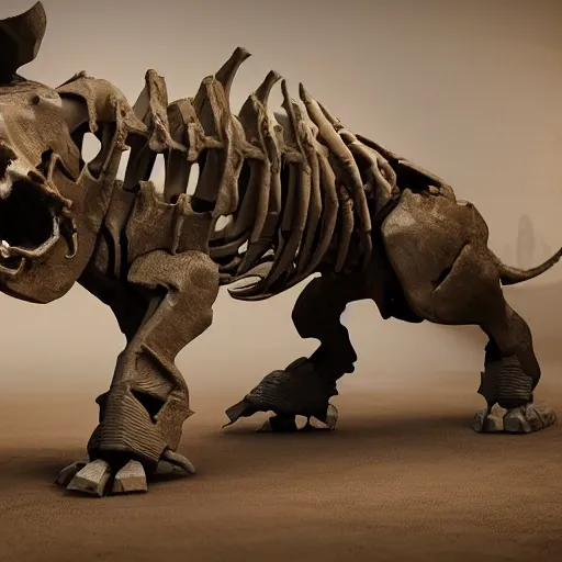 Prompt: a cinematic view of skeleton rhino made of old bones, true realistic image, detailed image