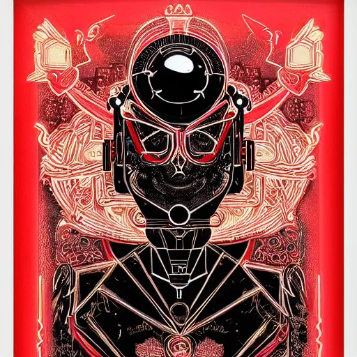 Image similar to black paper + elements + red + black + neon + baroque + rococo + ink + tarot card with ornate border frame + sebastien mitton, viktor antonov, sergey kolesov, detailed, intricate ink illustration + magic + glow + outline + laser + red + black + detailed robot falcon