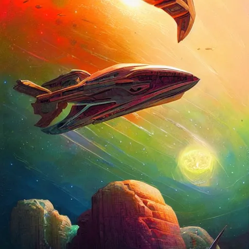 Image similar to beautiful starship in no man's sky colorful, fantasy, intricate, highly detailed, digital painting, hq, trending on artstation, illustration, style of stanley artgerm and greg rutkowski and dan mumford