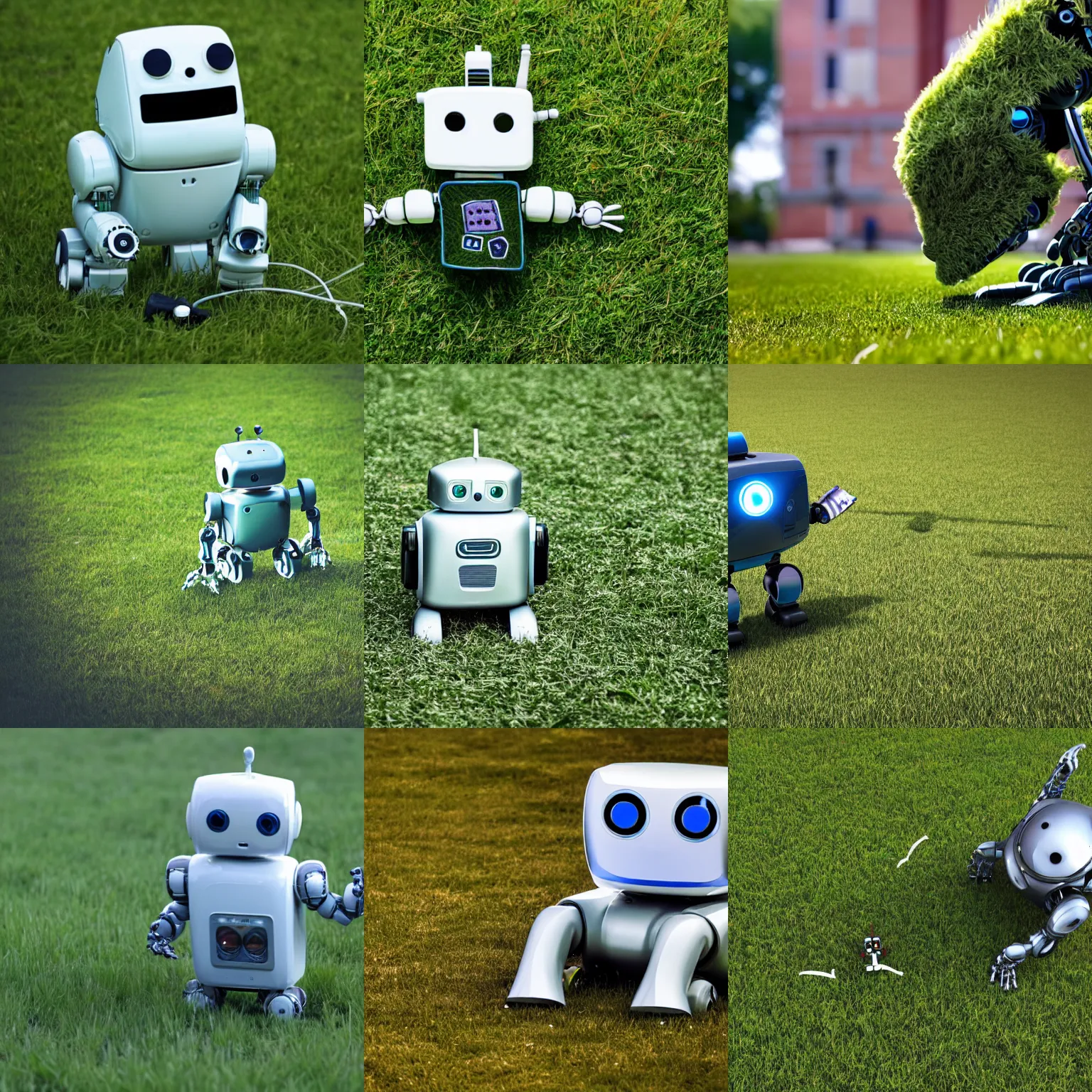 Prompt: ROBOT eating grass in front of a something