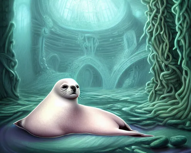 Prompt: beautiful digital fantasy illustration of a Prince in pastel!!!, whimsical acrylic modern pop surrealism, Even Giger-y dark overlords living in the ruins of an ancient system of tunnels and caves like to be comfy every once in a while!, A seal sleeping peacefully in a kelp forest, magic the gathering lands art!!, highly detailed, soft lighting, rendered in octane, masterpiece, very very very aesthetic