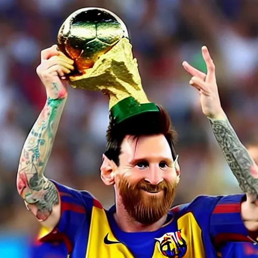 Image similar to Lionel Messi holding the Fifa World Cup