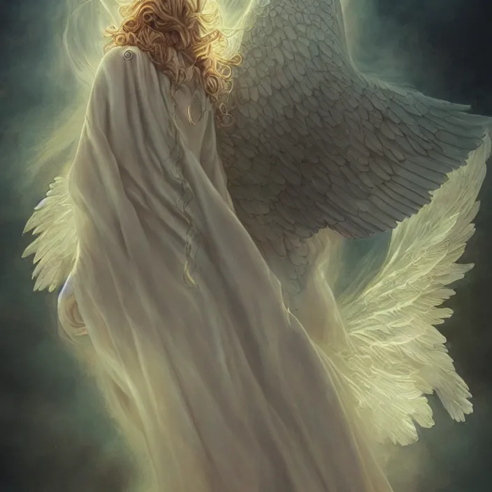 Image similar to faceless lovecraftian angel in flowing robe, full figure model with wings descending from clouds linework, dramatic lighting, charlie bowater, jack kirby, tom bagshaw, arstation trending, intricate detail, elegant flowing vapor, moebius