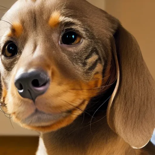 Image similar to a daschund looking in a mirror and seeing a cat reflected back, hyper realistic, 4k,