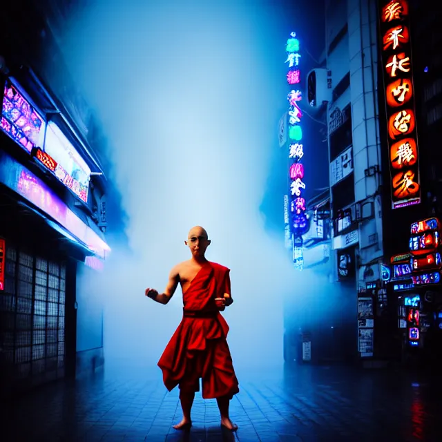 Image similar to cyber monk water dance supreme water fist, detailed animal form water, fighting stance energy, shibuya prefecture, cinematic neon uplighting, fog mist smoke, photorealistic, night photography by tomino - sama