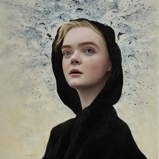 Prompt: Elle Fanning in a black robe holding fire on the beach, head and shoulders portrait, stormy weather, extremely detailed masterpiece, Roger Deakin’s cinematography, oil on canvas, Johannes Vormeer,