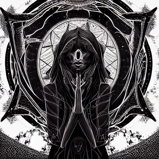 Prompt: shadowy pitch-black void occultist, gnostic sigils, ars goetia, heroine, beautiful symmetrical portrait, intricate complexity, rule of thirds, in the style of Artgerm and Kazuki Tanahashi, character concept