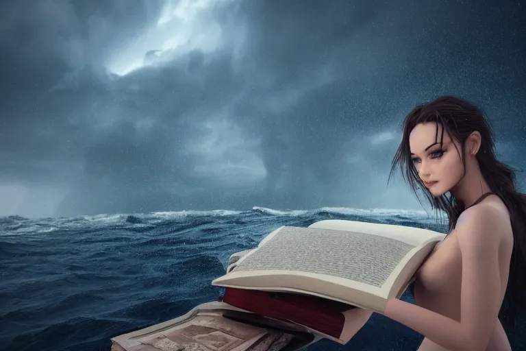 Image similar to A beautiful woman upon a giant book in the middle of the ocean during a storm, dramatic lighting, cinematic, 8k HDR, highly detailed, high quality, octane render, unreal engine 5, path tracing, turbulent sea, concept art, trending on Artstation