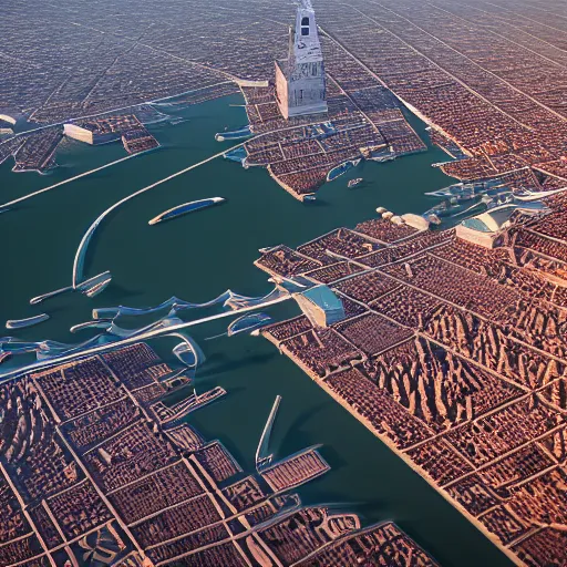 Image similar to aerial photo of futuristic technologic advanced venice city. photorealistic, trending on artstation, volumetric lighting, 4 k, award winning