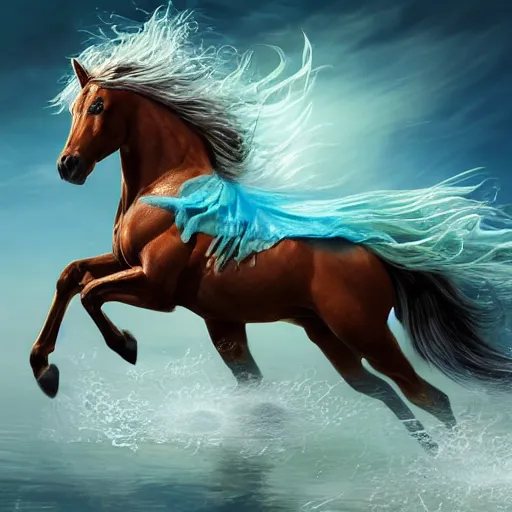 Image similar to a fantastical transparent small turquoise spirit horse made of water and foam, splashing water, translucent, ethereal, noble, radiant, hyperalism, scottish folklore, digital painting, artstation, concept art, smooth, 8 k frostbite 3 engine, ultra detailed, art by artgerm and greg rutkowski and magali villeneuve