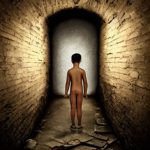 Image similar to a boy victim being intimidated by a succubus in a leather suit, devi wings, cracked brick wall, long hallway, light at the end of the tunnel, volumetric lighting, concept art, fantasy, dramatic lighting, daz, by mark ryden, hayao miyazaki