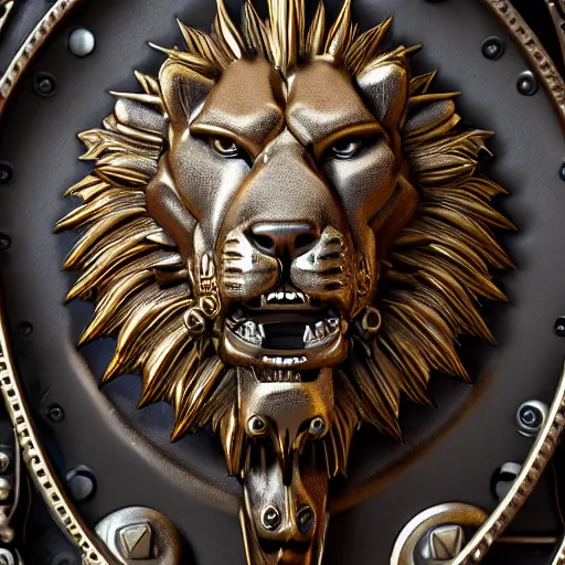 Image similar to A steampunk ornate lion made of engraved full plate armor and gears, Macro shot by Justin Gerard, unreal engine, physically based rendering