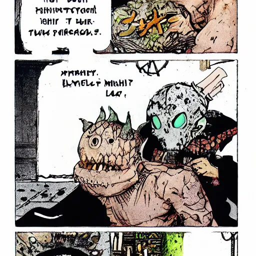 Image similar to en from dorohedoro eating a mushroom