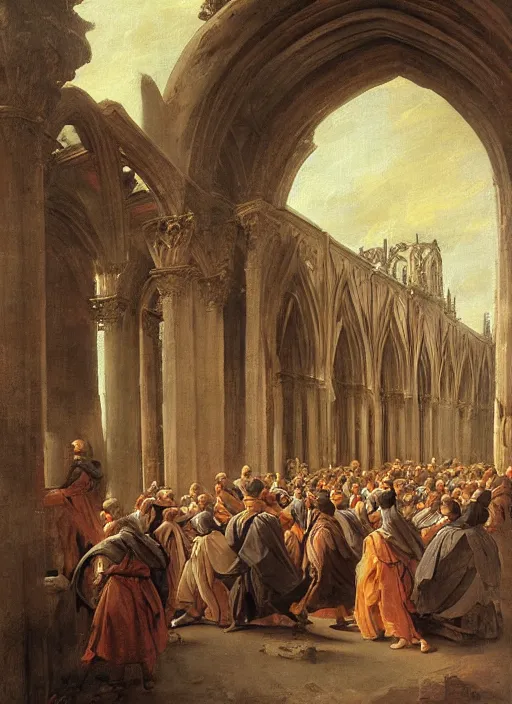 Image similar to elisabeth louise vigee - le brun painting of large crowd of medieval monks gathered at giant gothic ruins cathedral and raising a magical glowing spirit, old master painting with stunning lighting and details photoreal dusk sun lit light,