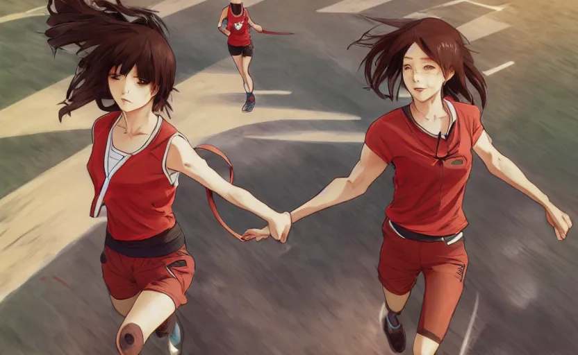 Image similar to anime style, girl is running fast, red sport clothing, marathon, brown short hair, hair down, symmetrical facial features, from arknights, hyper realistic, extreme detail, detailed 4 k drawing, safebooru, realistic lighting, by alphonse mucha, greg rutkowski, sharp focus, backlit