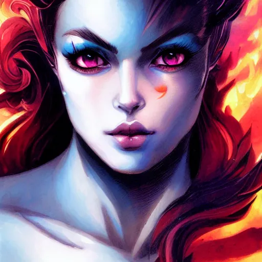 Prompt: uria, lady of searing flames, heroine, beautiful, young, minimalist, detailed close - up portrait in the style of ross tran, marte gracia, and peter mohrbacher, comic book lineart