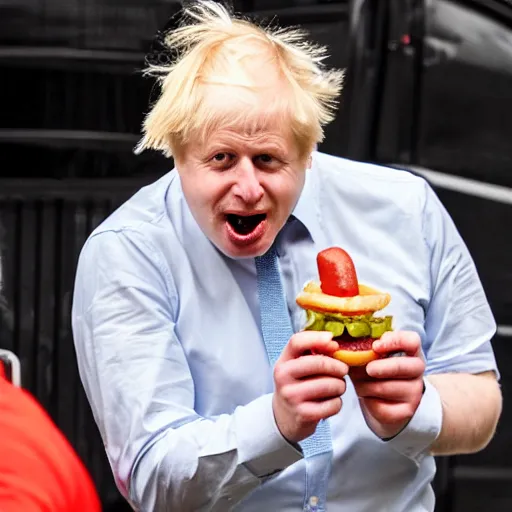 Prompt: boris johnson eating a hotdog mouth wide open