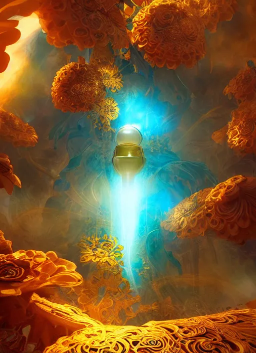 Image similar to flowers within the whole infinite capsule apparent with awe the apparition, an idea seep's into infinity highly detailed in volumetric latent space, golden turquoise steampunk, high contrast cinematic light, mystical shadows, sharp focus, divine realm of gods, octane render, artist by boris vallejo,