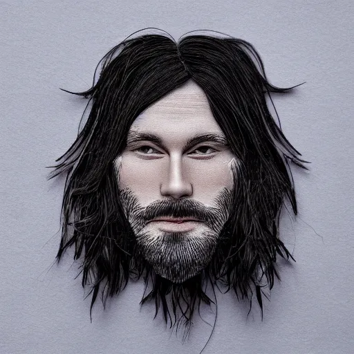 Image similar to a face of a man with wavey medium long hair made from layered paper, 2D, flat minimalistic, ambient light