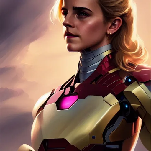 Image similar to Blonde Emma Watson in an Iron Man suit, western, closeup, D&D, fantasy, intricate, elegant, highly detailed, digital painting, artstation, concept art, matte, sharp focus, illustration, art by Artgerm and Greg Rutkowski and Alphonse Mucha