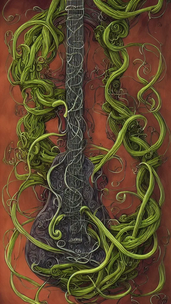 Prompt: a guitar with long thick vines wrapping around it, fantasy art, art station,