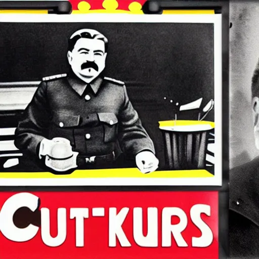 Image similar to joseph stalin eating at burger king, colored, burger king logo, 8 k