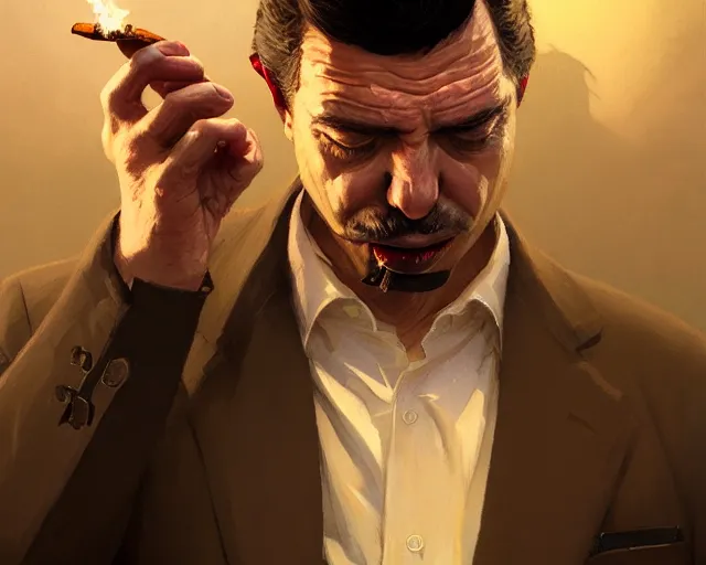 Image similar to Highly detailed portrait of a mob boss smoking a cigar, in GTA V, Stephen Bliss, unreal engine, fantasy art by Greg Rutkowski, Loish, Rhads, ferdinand knab, Makoto Shinkai and Lois van baarle, ilya kuvshinov, rossdraws, Tom Bagshaw, global illumination, radiant light, detailed and intricate environment