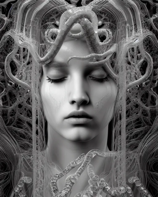 Image similar to surreal mythical dreamy underwater artistic black and white 3 d render of a translucent beautiful young female angelic - medusa - vegetal - doll with her face covered with fish scales, highly detailed, intricate crystal ivy jelly ornate, poetic, translucent algae ornate, digital art, octane render, 8 k artistic photography, photo - realistic, hg giger flora borsi