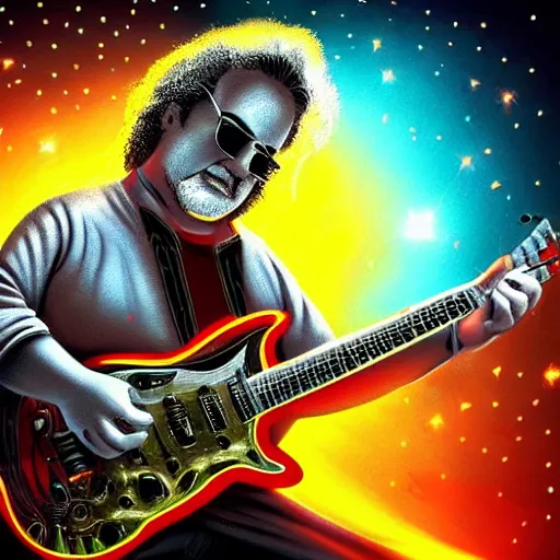 Image similar to a Jerry Garcia guitarist playing so intensely there is electricity shooting out from his guitar, energy beams under his finger tips, and magic sparkles from the freboard, amazing ditial art, trending on artstation, featured on deviantart