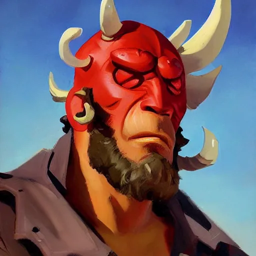 Image similar to greg manchess portrait painting of the hellboy as overwatch character, medium shot, asymmetrical, profile picture, organic painting, sunny day, matte painting, bold shapes, hard edges, street art, trending on artstation, by huang guangjian and gil elvgren and sachin teng