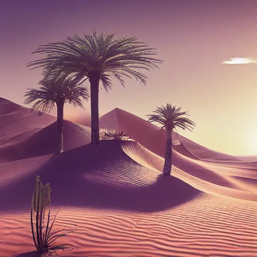 Prompt: breathtaking perfume bottle burried in an oasis in the sahara desert, sunset over dunes, the sun shining on water, rembrandt style, elegant, highly detailed, octane engine, concept art, matte, sharp focus, art by