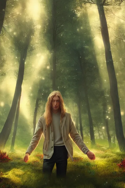 Image similar to pretty young man with long golden blond hair, symmetrical face, demure, slender, lost, trees, detailed forest background, webtoon, breathtaking scenery, colourful, 8 k, graphic novel, digital art trending on artstation, volumetric lighting, octane render, cinematic, hyper detailed, magical atmosphere, magical forest