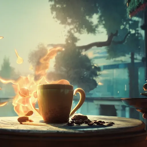 Prompt: A epic and beautiful rococo wolf drinking coffee, in a burning coffee shop. ultra-detailed. Anime, pixiv, UHD 8K CryEngine, octane render