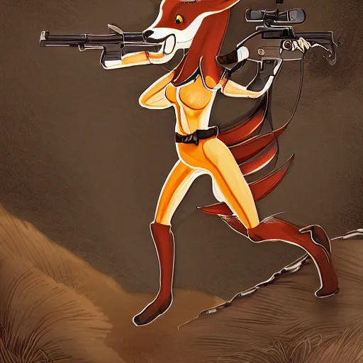 Image similar to a beautiful, dynamic illustration of an anthropomorphic fox - woman running and gunning with a winchester rifle, wild west theme, focal depth, highly detailed digital art, trending on artstation, 8 k,