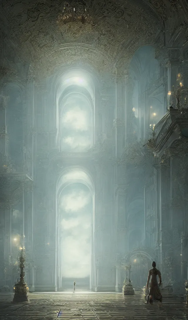 Image similar to vanishing point, palace like the kremlin in distance on a lake is covered with aqua blue roses, viewed from afar, stephen bliss, misty, unreal engine, fantasy art by greg rutkowski, loish, ferdinand knab, and lois van rossdraws,, global illumination, radiant light, minimalist, detailed and intricate environment