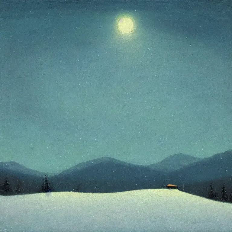 Prompt: new hampshire, mountains, winter, night, luminous, teal palette, arkhip kuindzhi, glaze oil painting, christian mysticism