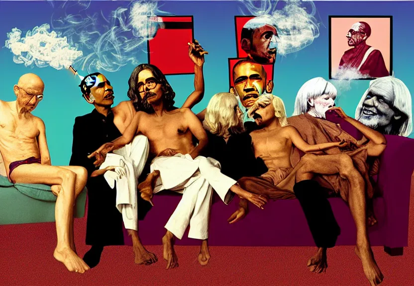 Prompt: smoke session for the ages: Gandhi , Obama, Jesus, And Lady GaGa smoking a fat blunt on a sofa by Andy Warhol, photograph, by Beeple