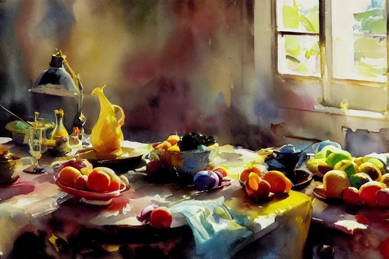 Prompt: paint brush strokes, abstract watercolor painting of colorful fruits, table cloth, art by hans dahl, by jesper ejsing, art by anders zorn, wonderful masterpiece by greg rutkowski, cinematic light, american romanticism by greg manchess, creation by tyler edlin