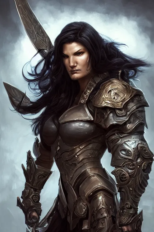 Prompt: Gina Carano clothed in battle armor, olive skin, long dark hair, beautiful bone structure, symmetrical facial features, intricate, elegant, digital painting, trending on Artstation, concept art, smooth, sharp focus, finely detailed, illustration, from World of Warcraft, by Artgerm and Greg Wutkowski and William-Adolphe Bouguerea, award winning art