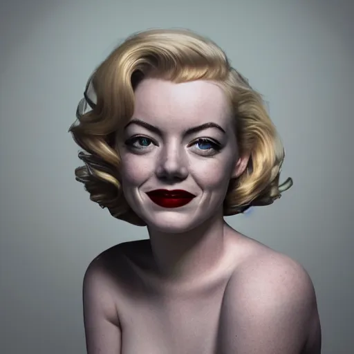 Image similar to Emma Stone as Marilyn Monroe, hyper realistic, octane render, 8k, high quality