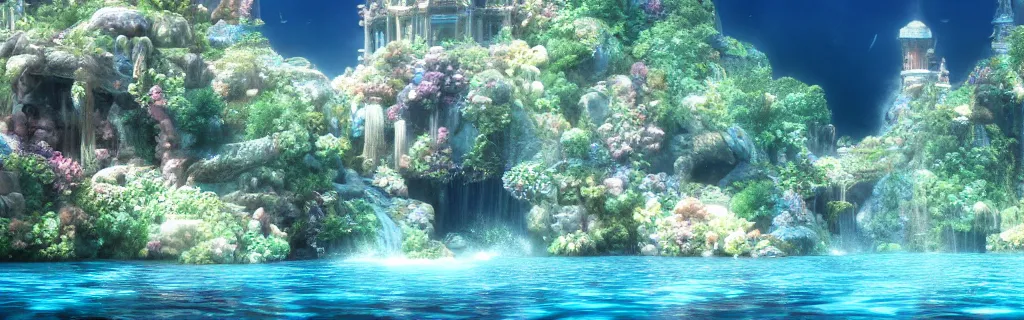 Image similar to a ultra realistic cg rendering of underwater wonderland, dream, magnificent palace, serene landscape, by yoshitaka amano ， unreal engine ， 4 k resolution,